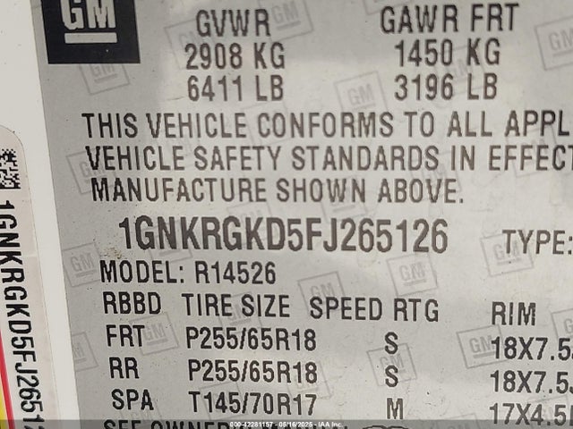 1GNKRGKD5FJ265126 Chevrolet llt