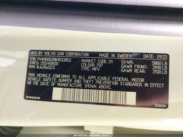 YV4H60DZ8N1033952 Volvo Xc60 Recharge Plug-in Hybrid T8 Inscription Expression Extended Range