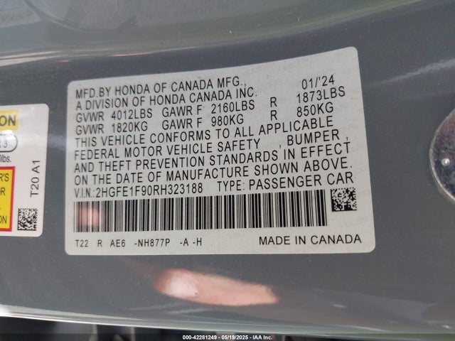 Honda l15b7 2024 2HGFE1F90RH323188 Image 9