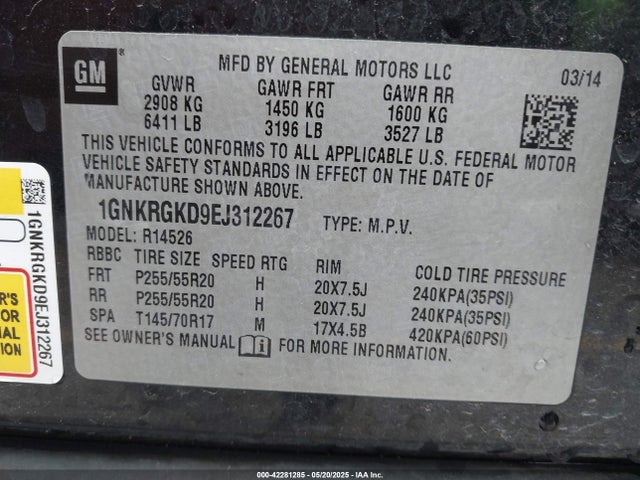 Chevrolet Traverse 1lt 2014 1GNKRGKD9EJ312267 Image 9