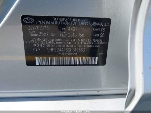 5NPE24AF8GH318553 Hyundai SONATA SE