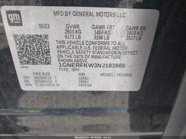 1GNERFKW3NJ183869 Chevrolet Traverse Fwd Ls