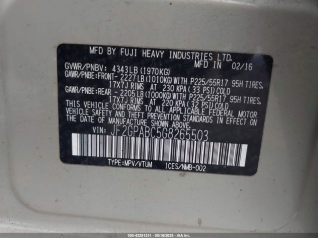 JF2GPABC5G8265503 Subaru Crosstrek 2.0i Premium