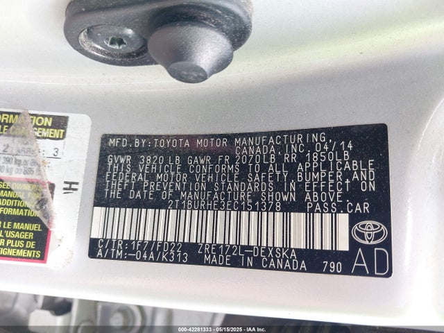 2T1BURHE3EC151378 Toyota 2zr-fe