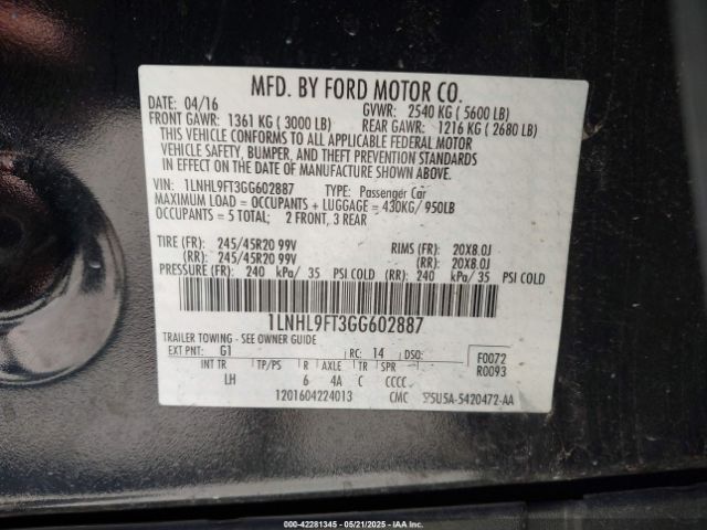 1LNHL9FT3GG602887 Lincoln Mks Ecoboost