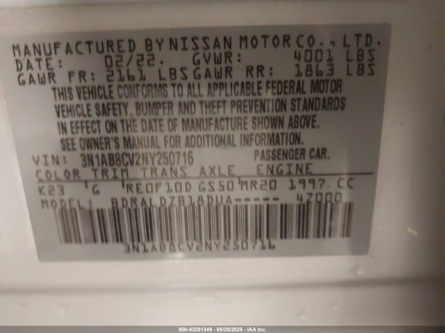 3N1AB8CV2NY250716 Nissan 2022