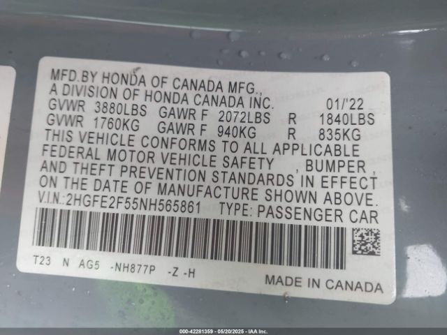 2HGFE2F55NH565861 Honda Civic Sport