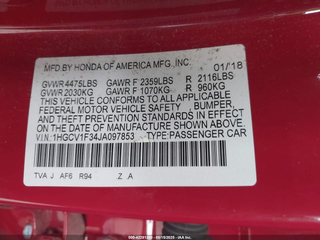 1HGCV1F34JA097853 Honda Accord Sport