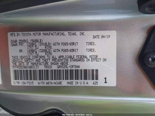 5TFRZ5CN6KX083137 Toyota Tacoma Trd Sport