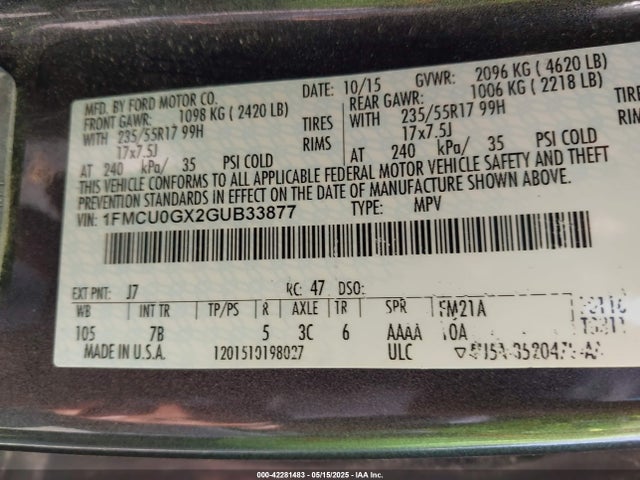 1FMCU0GX2GUB33877 Ford 2016