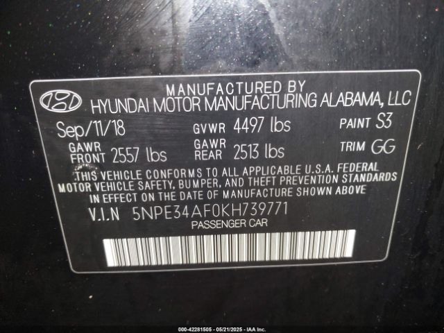 5NPE34AF0KH739771 Hyundai Sonata Limited