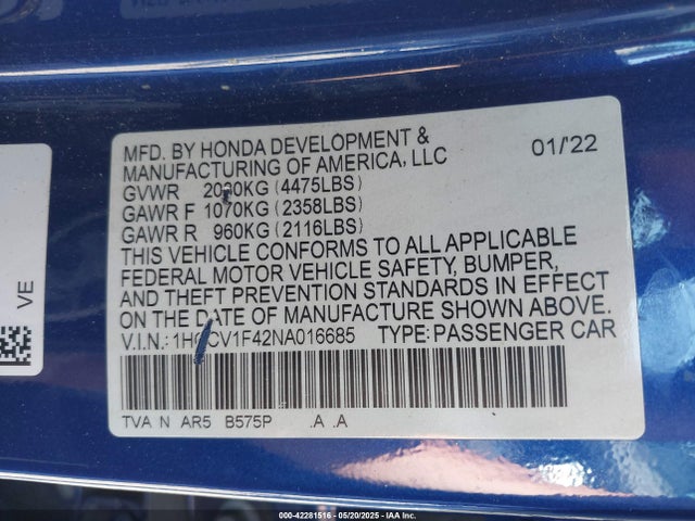 1HGCV1F42NA016685 Honda l15be