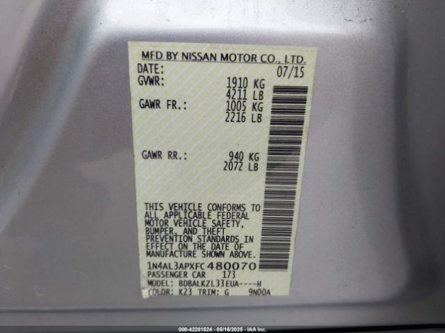 1N4AL3APXFC480070 Nissan Altima 2.5 Sv