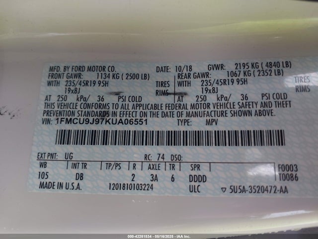 1FMCU9J97KUA06551 Ford 2019