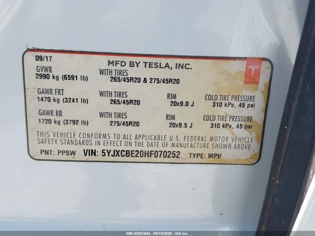 5YJXCBE20HF070252 Tesla Model X 100d/75d/90d