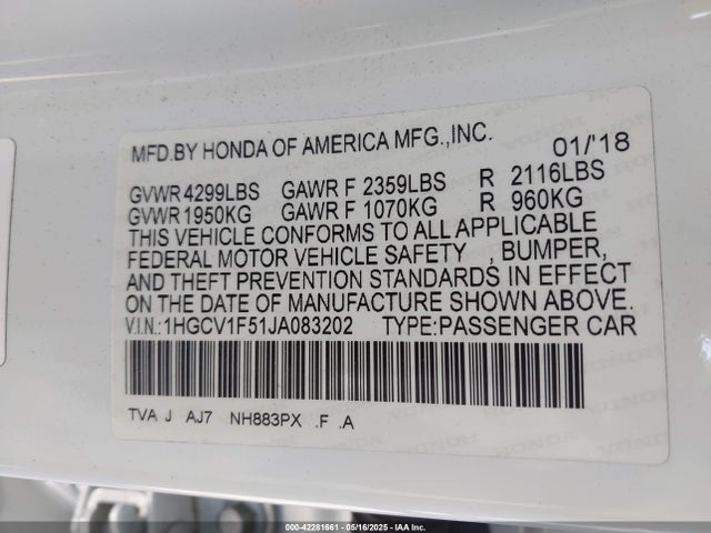 1HGCV1F51JA083202 Honda Accord Ex-l