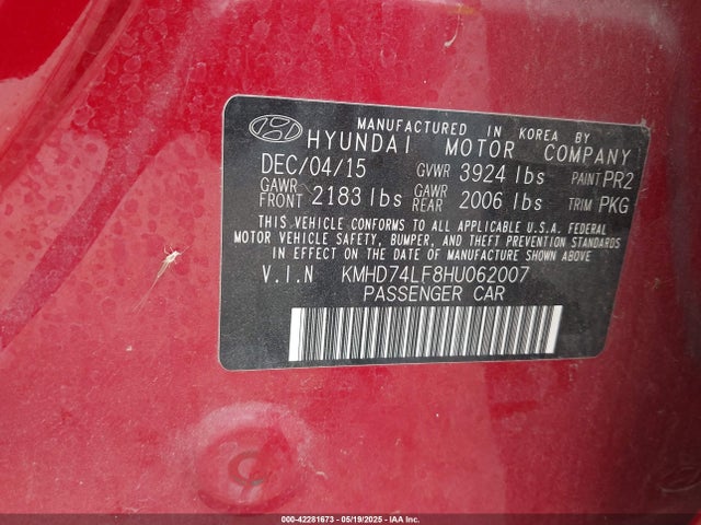 KMHD74LF8HU062007 Hyundai 2017