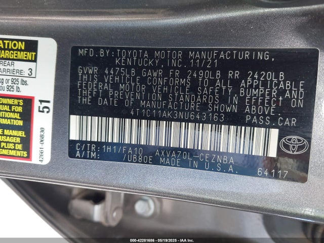 4T1C11AK3NU643163 Toyota a25a-fks
