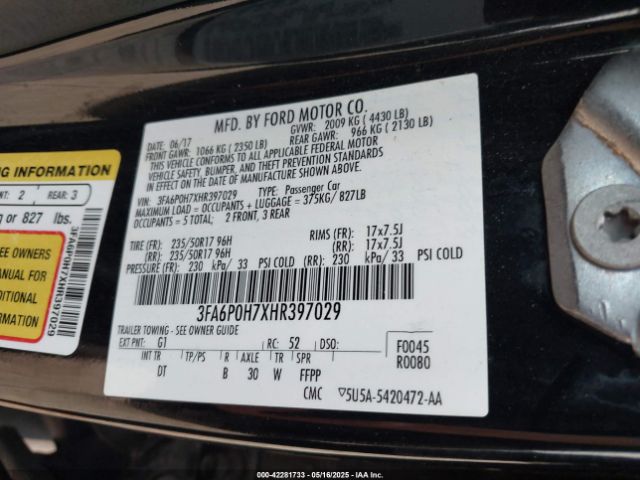 2017 FORD FUSION 3FA6P0H7XHR397029 Photo 8