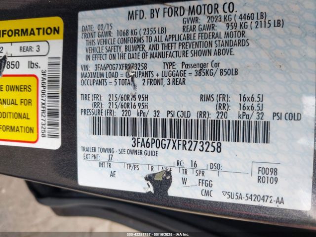 3FA6P0G7XFR273258 Ford FUSION S