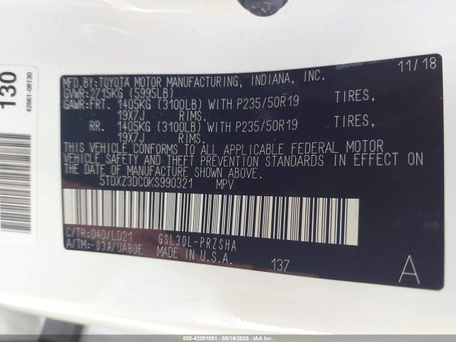 5TDXZ3DC0KS990321 Toyota 2gr-fks