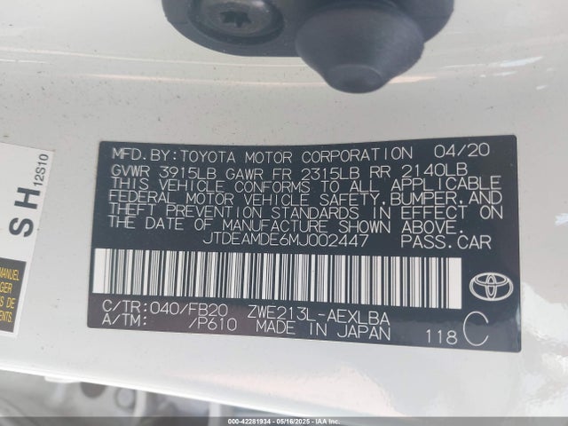JTDEAMDE6MJ002447 Toyota 2zr-fxe, 1nm