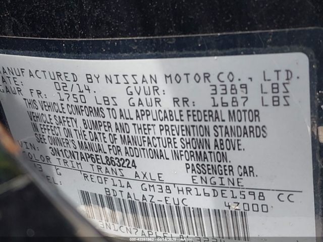 3N1CN7AP6EL863224 Nissan Versa 1.6 S+
