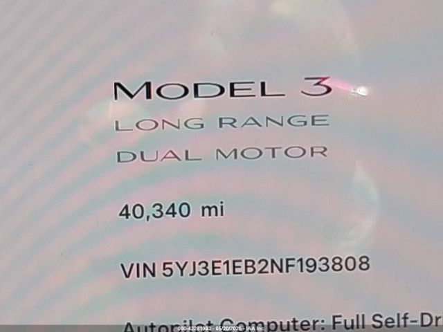 5YJ3E1EB2NF193808 Tesla Model 3 Long Range Dual Motor All-wheel Drive