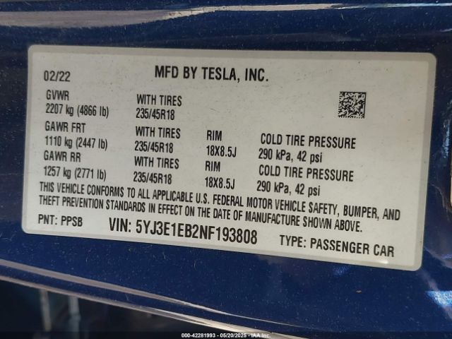 5YJ3E1EB2NF193808 Tesla Model 3 Long Range Dual Motor All-wheel Drive