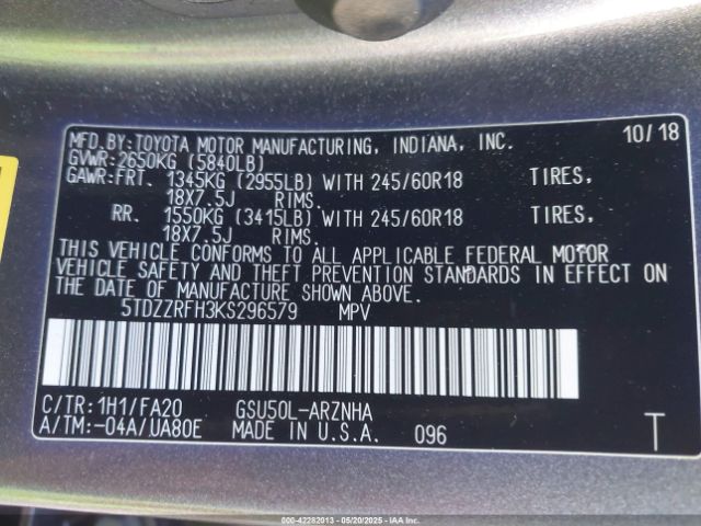 5TDZZRFH3KS296579 Toyota 2gr-fks