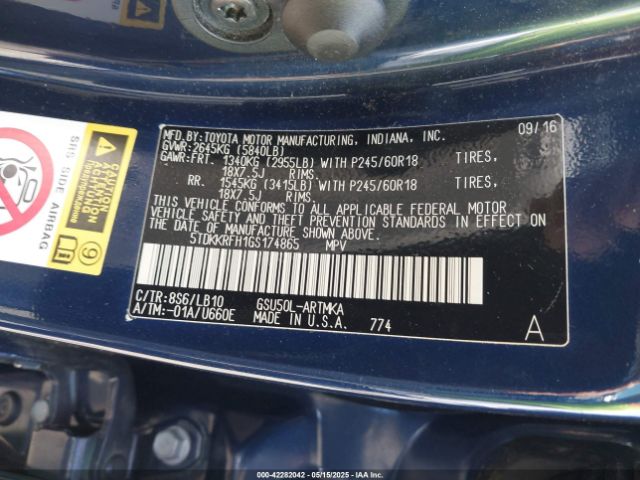5TDKKRFH1GS174865 Toyota Highlander Xle V6