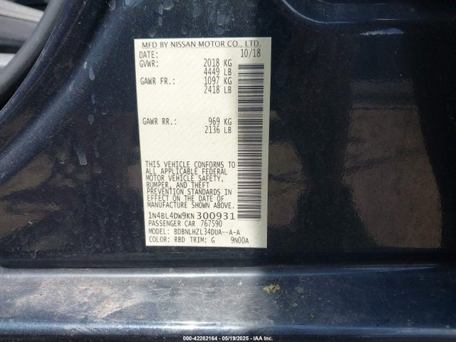 1N4BL4DW9KN300931 Nissan Altima 2.5 Sv
