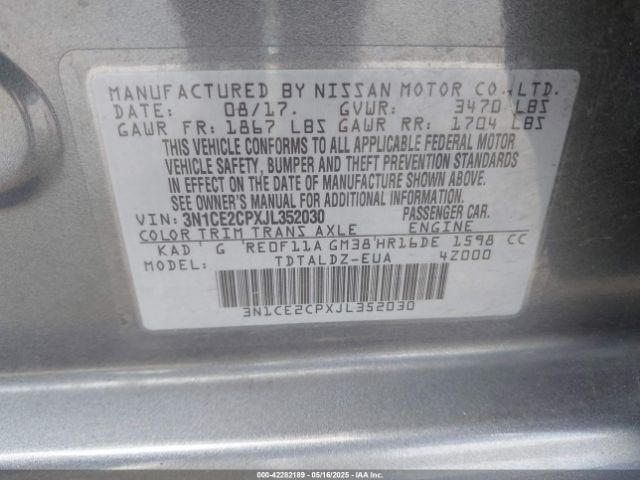 3N1CE2CPXJL352030 Nissan Versa Note Sv