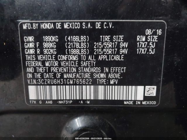 3CZRU6H31GM765622 Honda HR-V LX