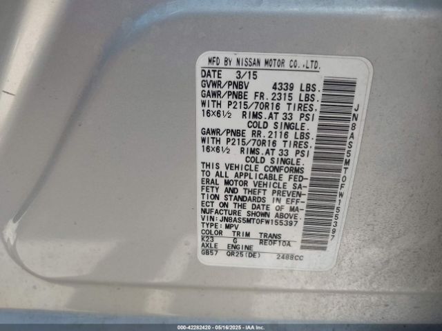 JN8AS5MT0FW155397 Nissan Rogue Select S