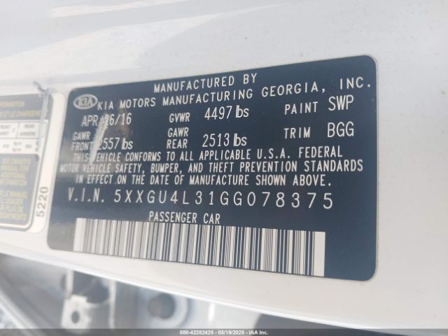 5XXGU4L31GG078375 KIA OPTIMA EX