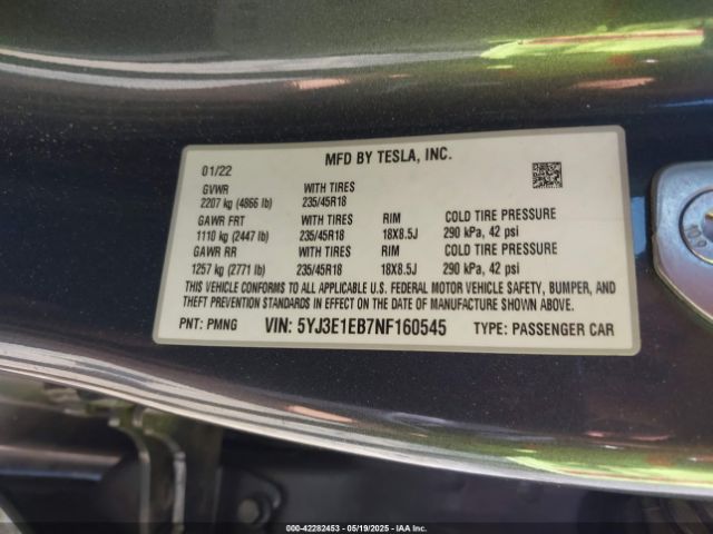 5YJ3E1EB7NF160545 Tesla Model 3 Long Range Dual Motor All-wheel Drive