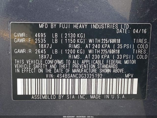 4S4BSANC3G3325192 Subaru Outback 2.5i Limited