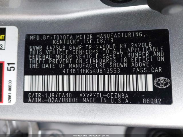 4T1B11HK5KU813553 Toyota CAMRY LE