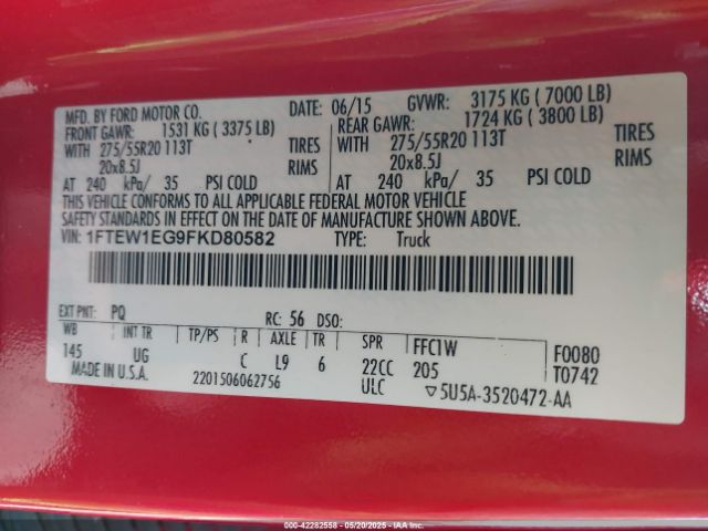 1FTEW1EG9FKD80582 Ford F-150 Xlt