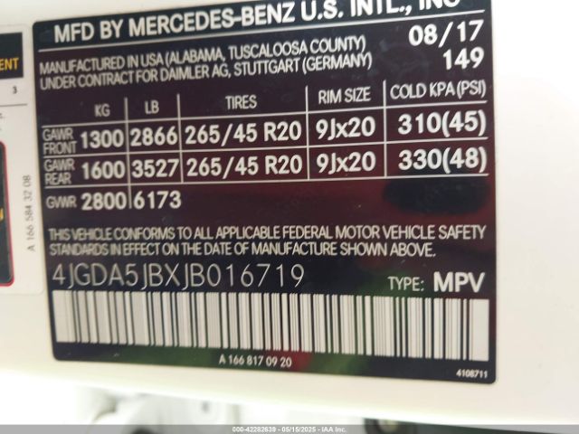 4JGDA5JBXJB016719 Mercedes-Benz GLE 350