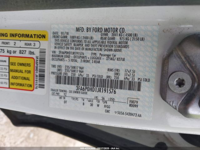 3FA6P0HD1JR191576 Ford FUSION SE