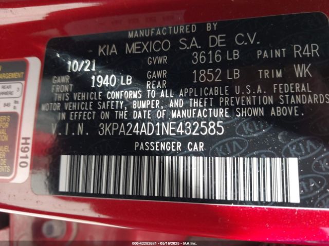 3KPA24AD1NE432585 KIA RIO S
