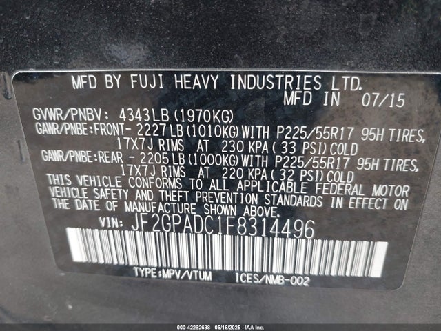 JF2GPADC1F8314496 Subaru 2.0l naturally aapirated