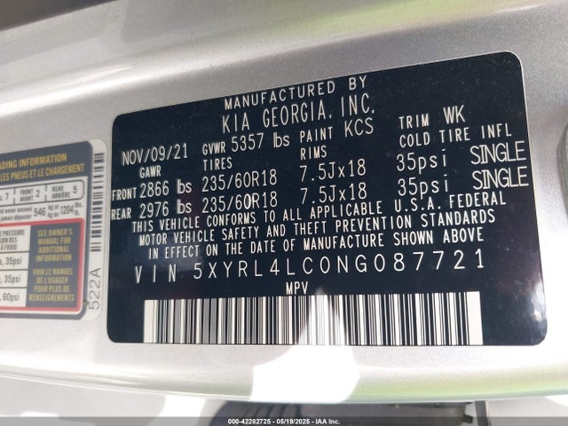 5XYRL4LC0NG087721 KIA gdi theta-iii