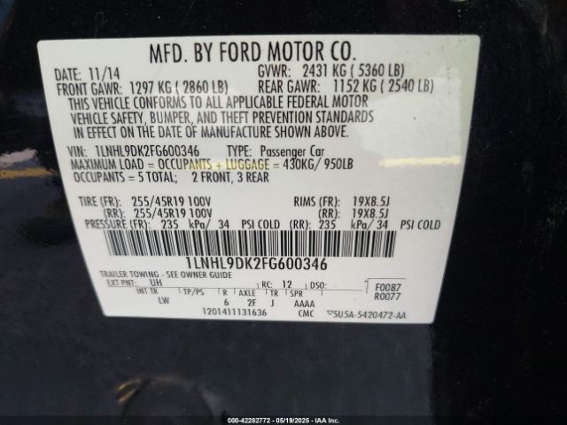 1LNHL9DK2FG600346 Lincoln MKS