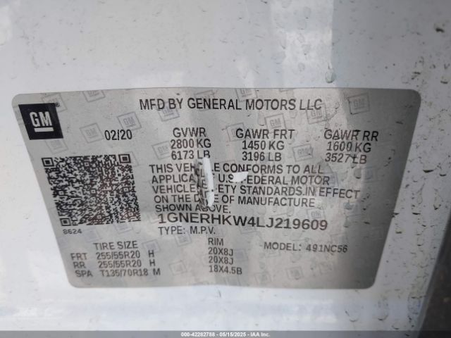 1GNERHKW4LJ219609 Chevrolet Traverse Fwd Lt Leather