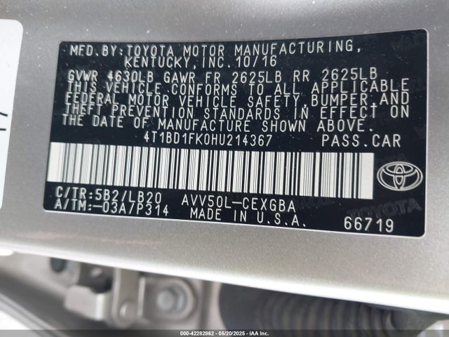 Toyota 2ar-fxe+2jm 2017 4T1BD1FK0HU214367 Image 9