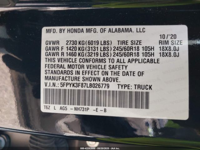 5FPYK3F87LB026779 Honda j35y6