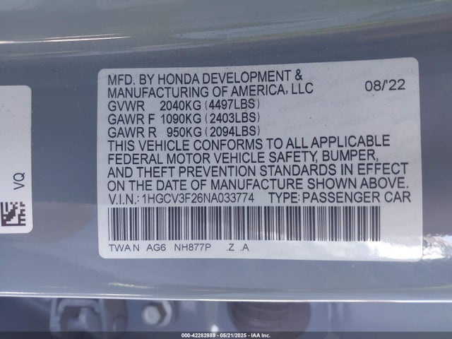 1HGCV3F26NA033774 Honda lfb2